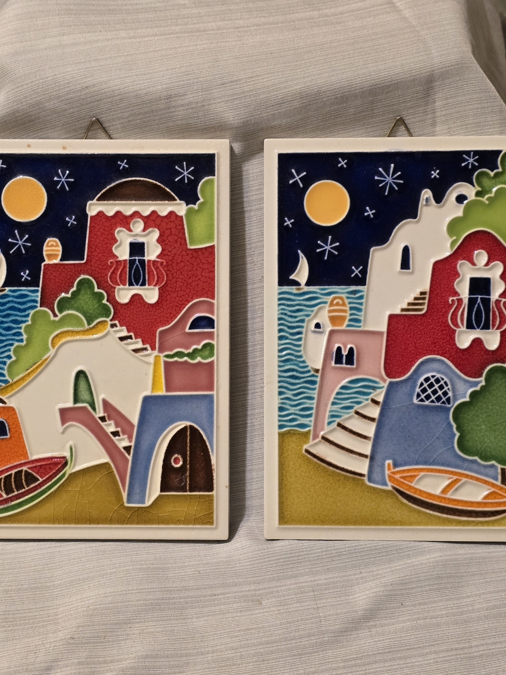Vtg Ceramic Wall Tiles, "Mediterranean Houses" Series, Raised Colorful Reliefs
